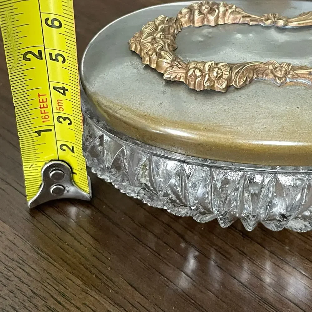 Vintage Art Nouveau Glass Trinket Dish with Metal Lid Vanity Jar Floral Design